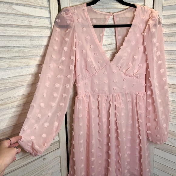 Honey and Rosie Light Pink Swiss Dot Sheer V Neck Long Sleeve Mini Sundress 3 - Picture 6 of 14